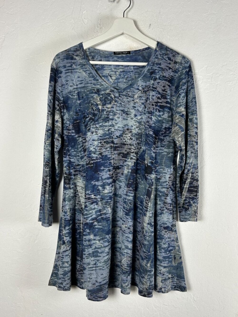Katrina Marie Womens Blue Abstract Print Tunic Top Large 3/4 Sleeve V-Neck Flowy